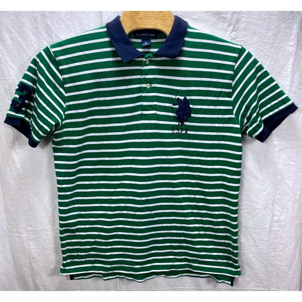 US Polo Assn Mens XL Green White Striped Big Logo Short Sleeve Pique Polo Shirt
